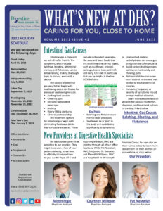 June 2022 referral coordinator newsletter focused on intestinal gas and new physician assistants at the practice